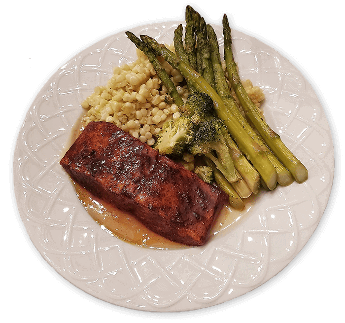 Cena de salmón con corteza de hierbas y miel de Chile